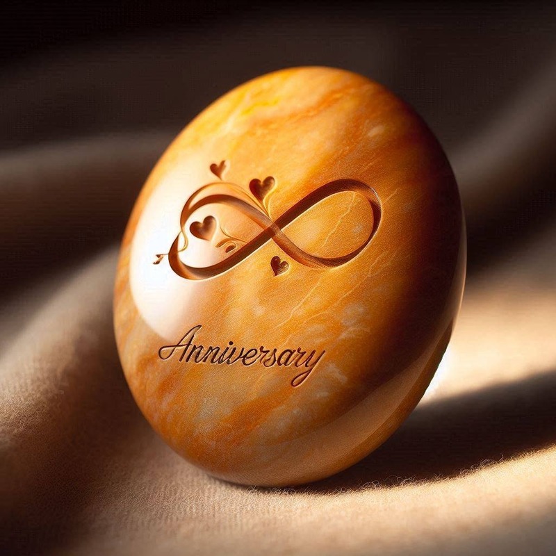 A golden tan Memory Stone engraved with an infinity symbol of hearts and the word Anniversary