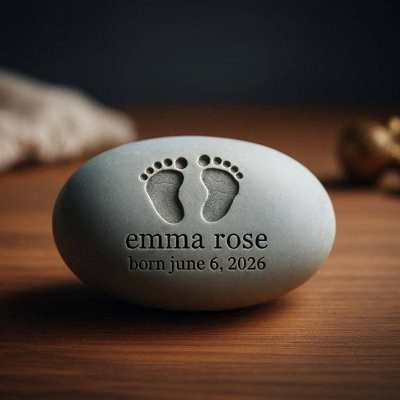 A soft blue-gray Memory Stone engraved with tiny baby footprints, the name emma rose, and born june 6, 2026