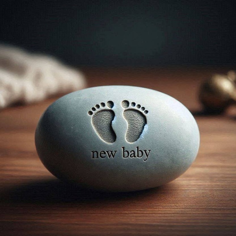 A soft blue-gray Memory Stone engraved with tiny baby footprints and the words new baby