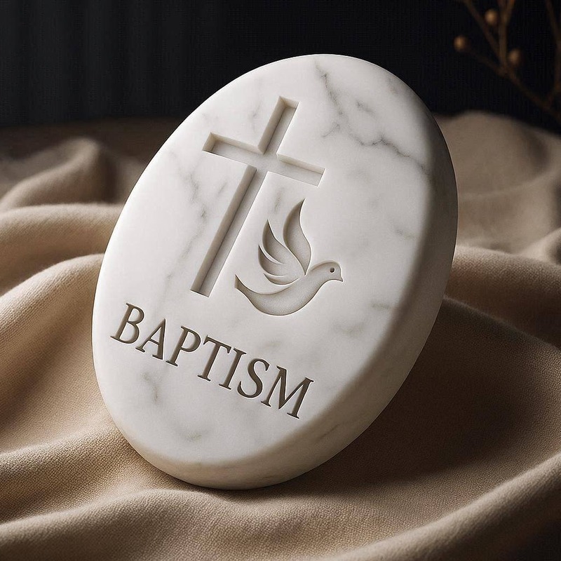 A white marble Memory Stone engraved with a cross, a dove, and the word Baptism