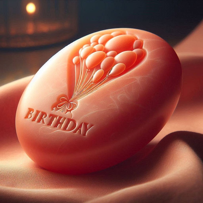 A warm coral Memory Stone engraved with a bundle of balloons and the word Birthday