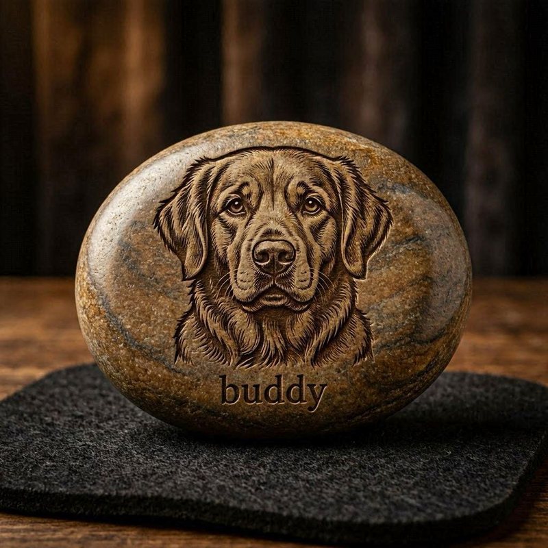 An engraved Memory Stone with a dog's face and the name Buddy
