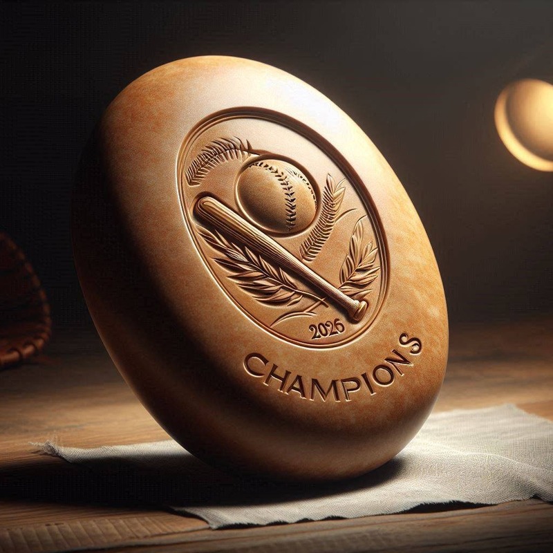 A warm tan Memory Stone engraved with a baseball, bat, and laurels and the words Champions 2026