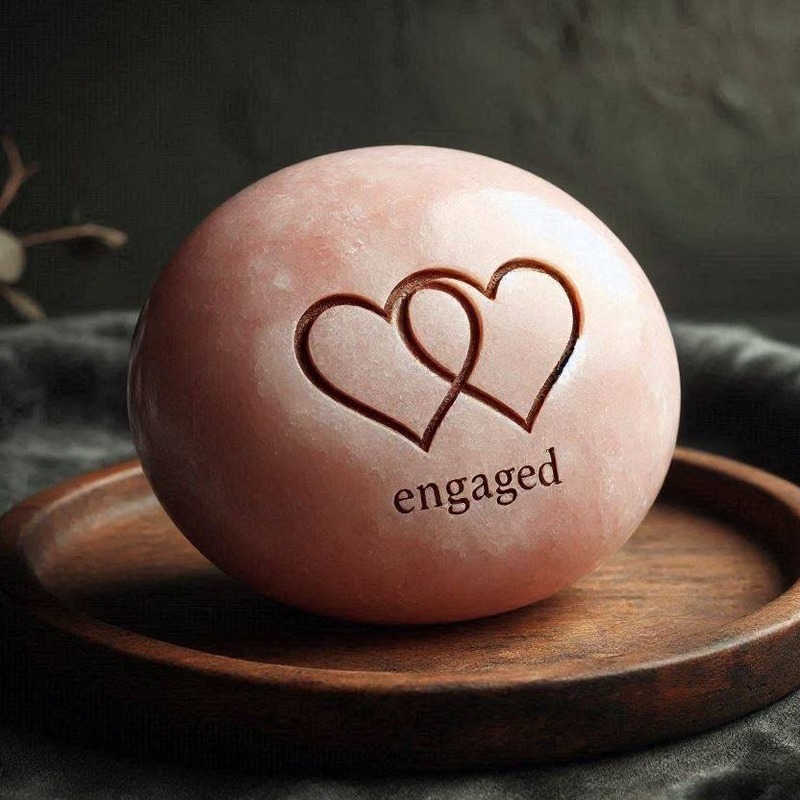 A rose-pink Memory Stone engraved with two interlocking hearts and the word engaged