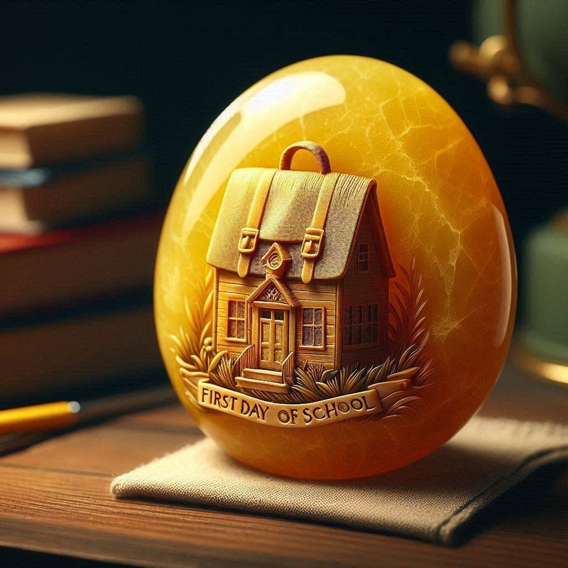 A golden-yellow Memory Stone engraved with a schoolhouse and backpack and the words First Day of School