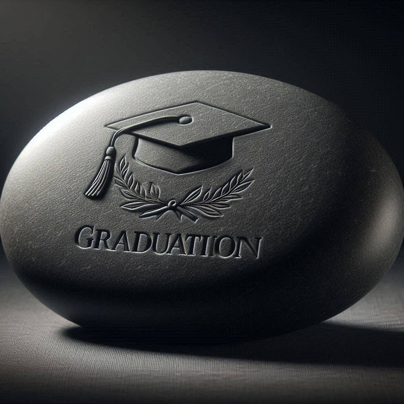 A charcoal gray Memory Stone engraved with a graduation cap and the word Graduation