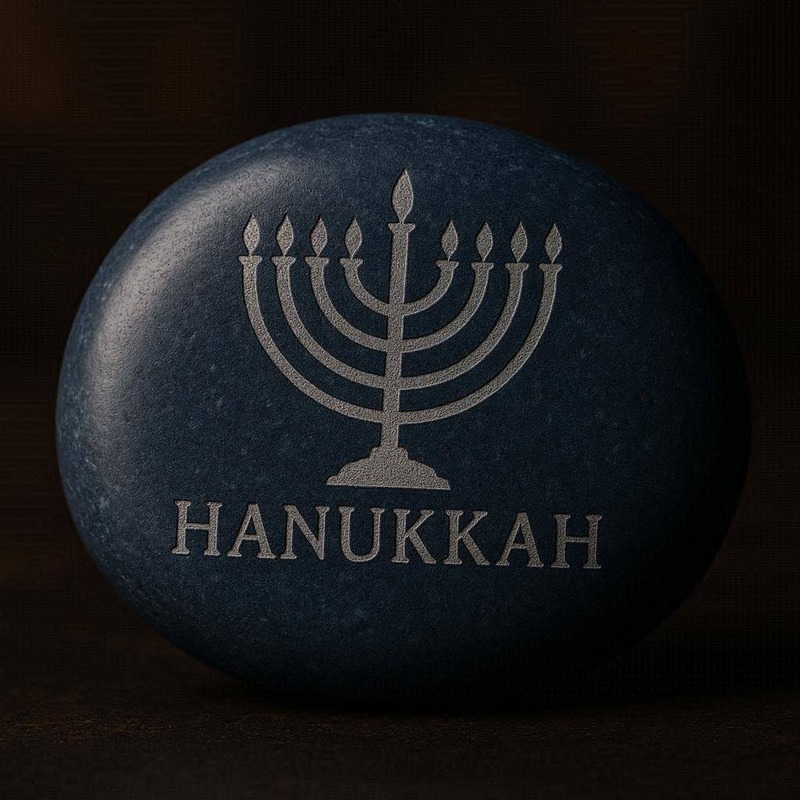 A deep blue Memory Stone engraved with a menorah and the word Hanukkah