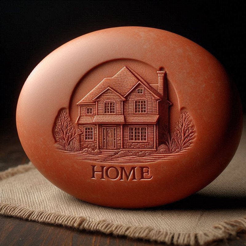A terracotta Memory Stone engraved with a family house and the word Home