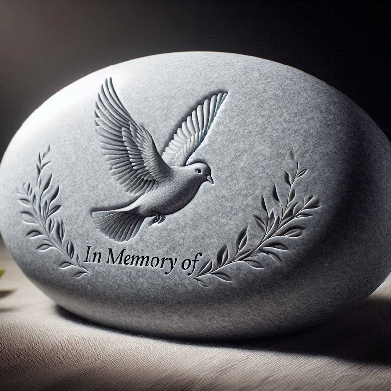 A soft gray Memory Stone engraved with a dove in flight and the words In Memory Of