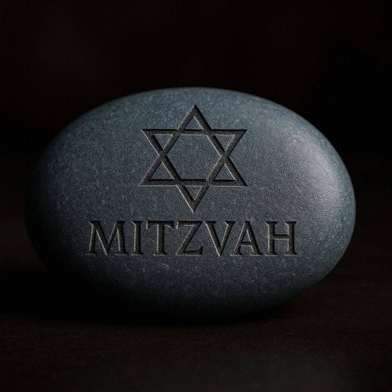 A slate blue Memory Stone engraved with a Star of David and the word Mitzvah