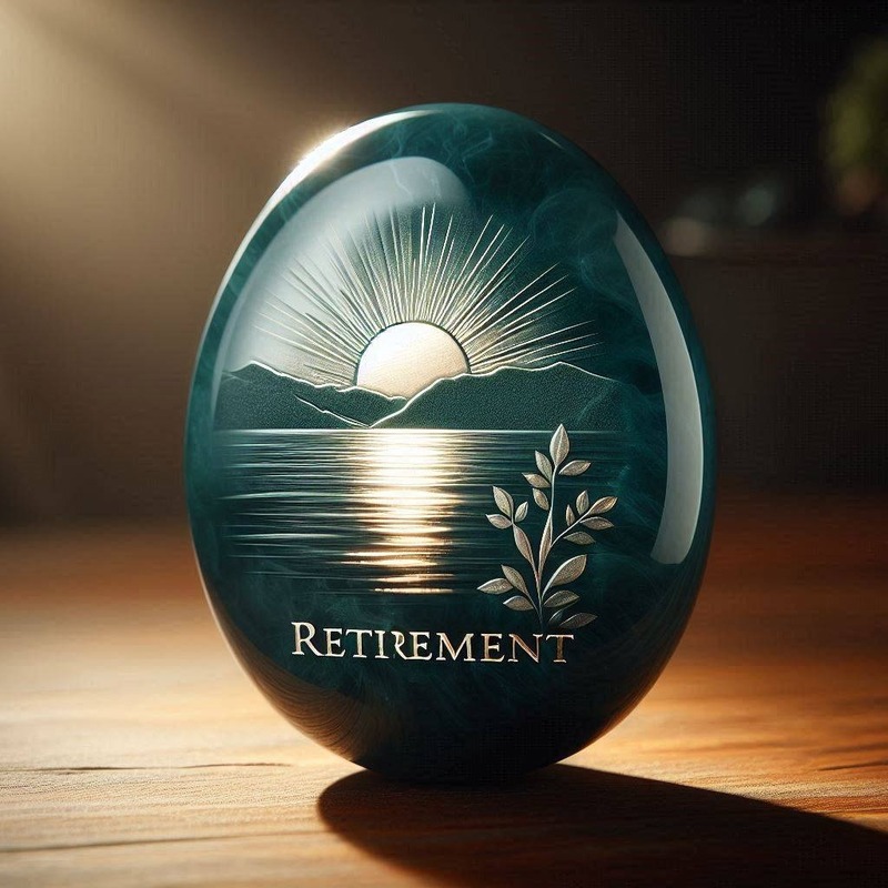 A teal Memory Stone engraved with a rising sun over calm water and the word Retirement