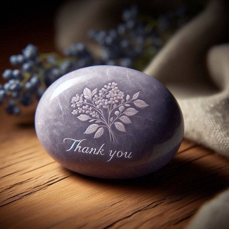 A soft lavender Memory Stone engraved with a bouquet of flowers and the words Thank You