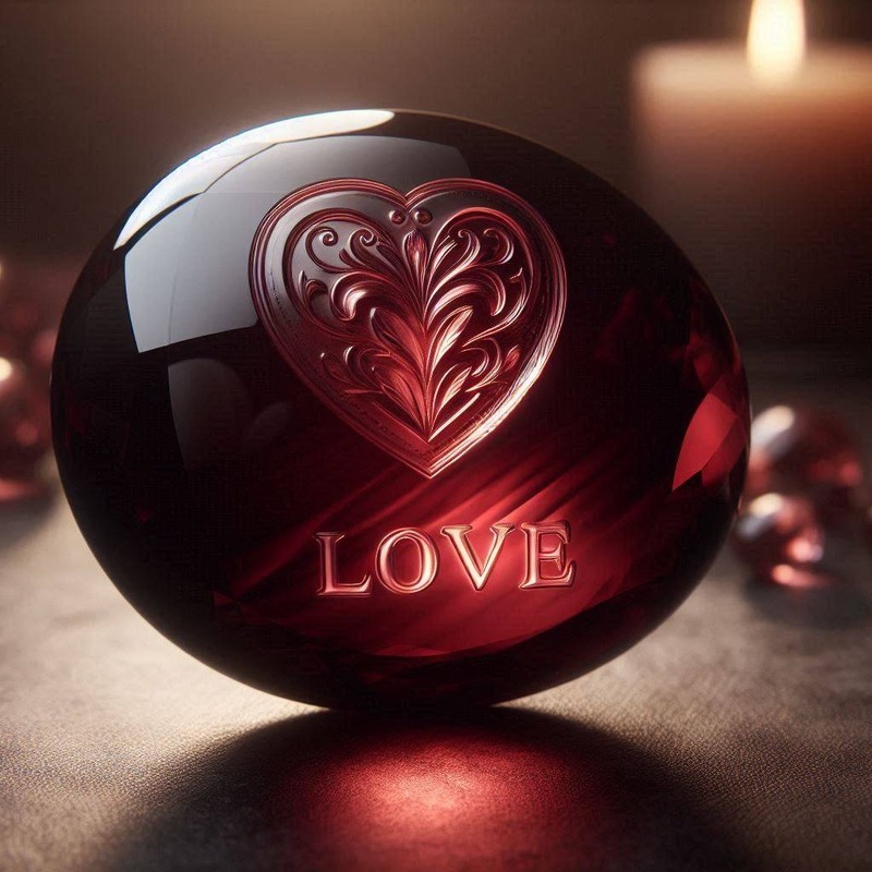 A deep red Memory Stone engraved with an ornate heart and the word Love
