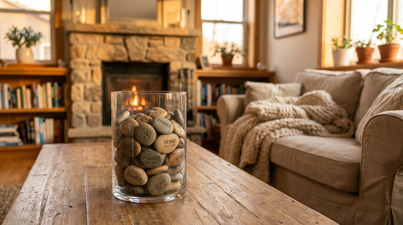 A clear glass vase filled with engraved Memory Stones, displayed on a table in a warm, cozy living room